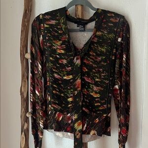 Etcetera Brown Button Up Tie-Neck Knit Cardigan Pleated Front V-Neck Large